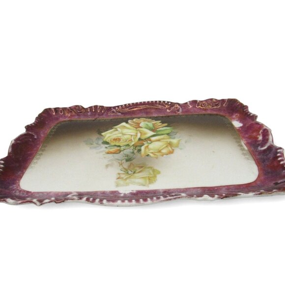 BAVARIA PORCELAIN Tray with Yellow Roses Scalloped Edges Germany Vintage - Picture 9 of 10